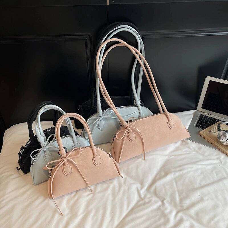 Summer Women Fashion Shoulder Bag Solid Color PU Zipper Bow Texture Handbag Korean Casual Retro Female Commuting Bags Y260205