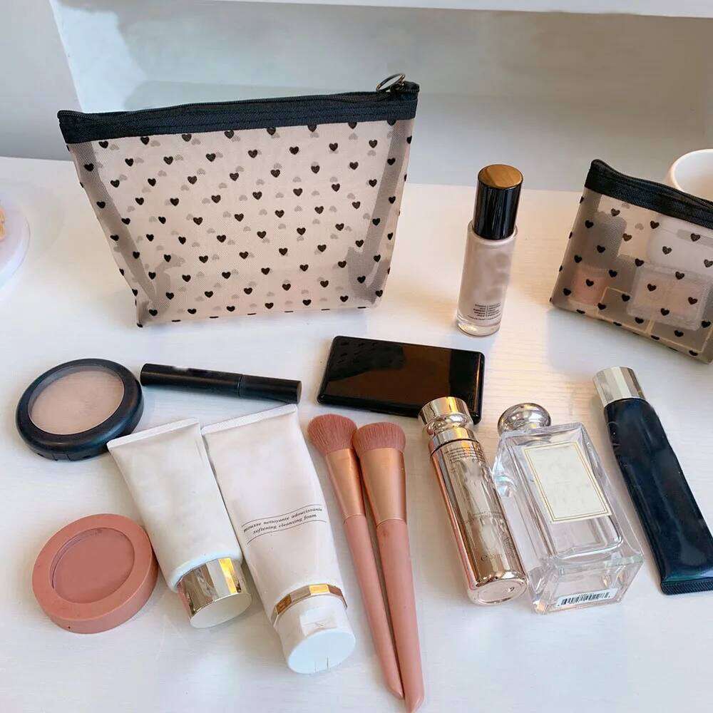 Women Travel Toiletry Wash Makeup Storage Case New Zipper Make Up Bags Fashion Black Dot Transparent Mesh Cosmetic Bag Y260206