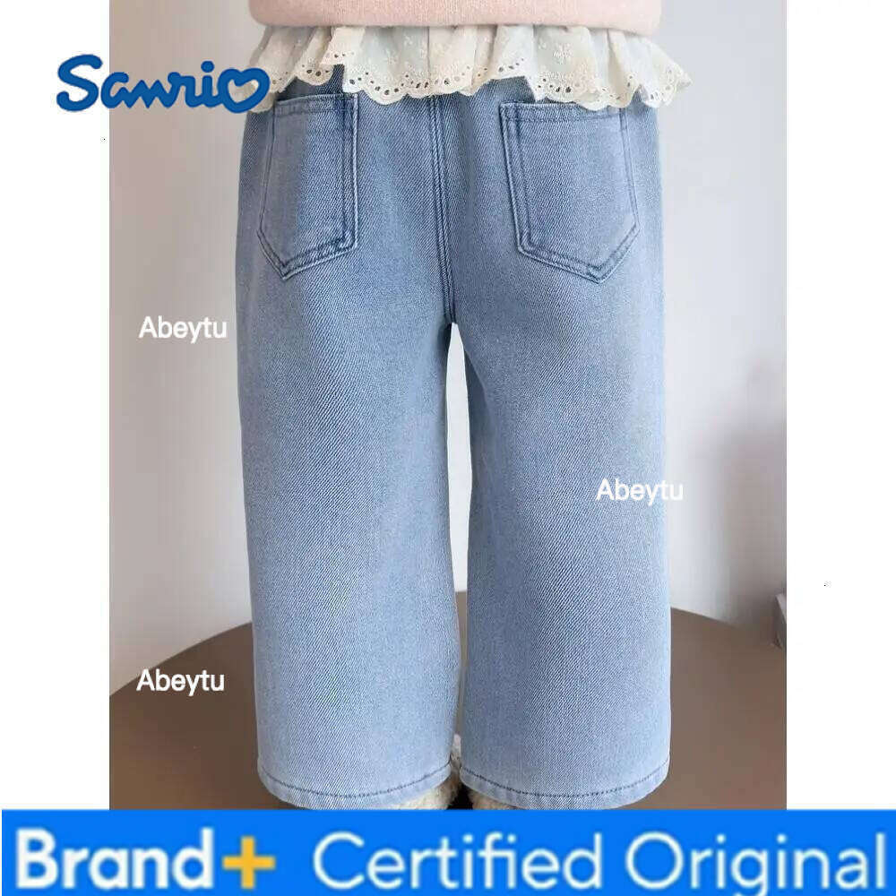 Sanrio Hello Kitty Girls' New Fashionable Fleece-Lined and Thickened Winter Blue Straight Leg Jeans Cute Cat Embroidery H260206