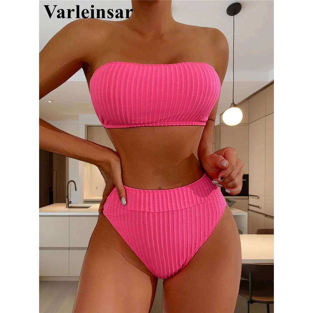 S - XL Bandeau Wrinkled Female Swimsuit High Waist Women Swimwear Two-pieces Bikini set Bather Bathing Suit Swim V5904 Z260206