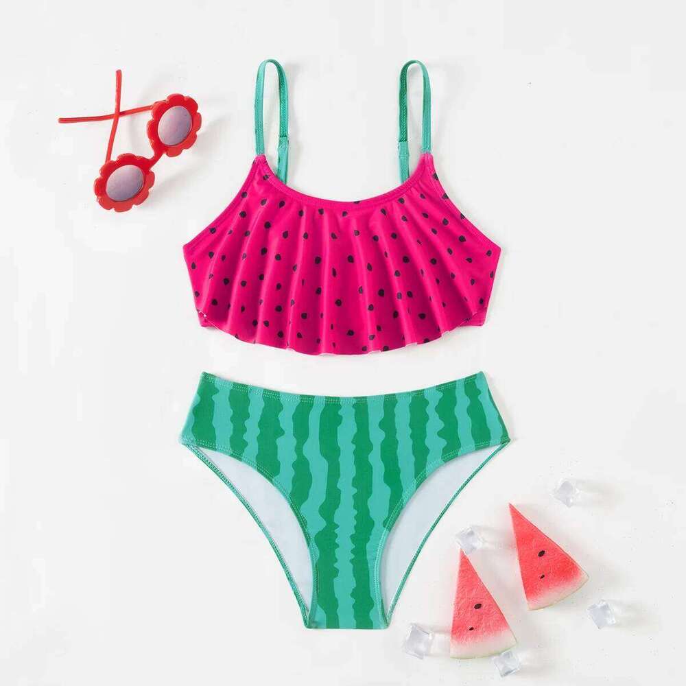 Ruffle Watermelon Print Swimwear Swimsuit Summer Beach Cute Girls Kids Bikini Set Outdoor Children Swimming Suit XJ260206