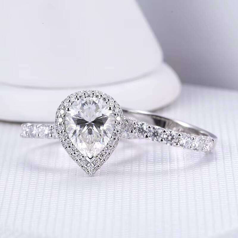 Messi Jewelry Luxury Design Wedding Engagement 925 Silver 14K Pear Cut Lab Diamond Halo Ring