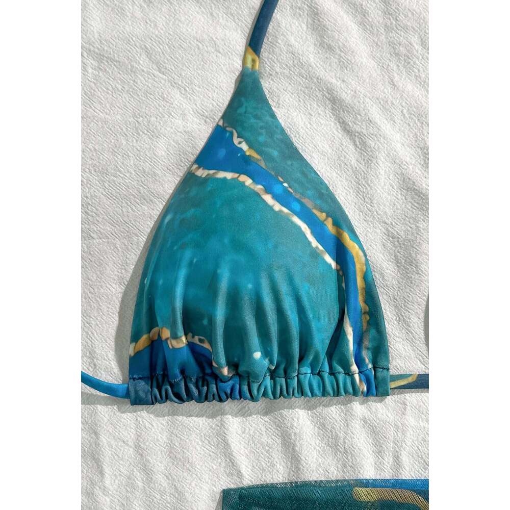 Women's Three-Piece Swimsuit Set, Blue Marble Print Sexy Bikini with Top, Tie-Up Triangle Bottoms, Mesh Wrap Skirt, Beach Swimwear XJ260206