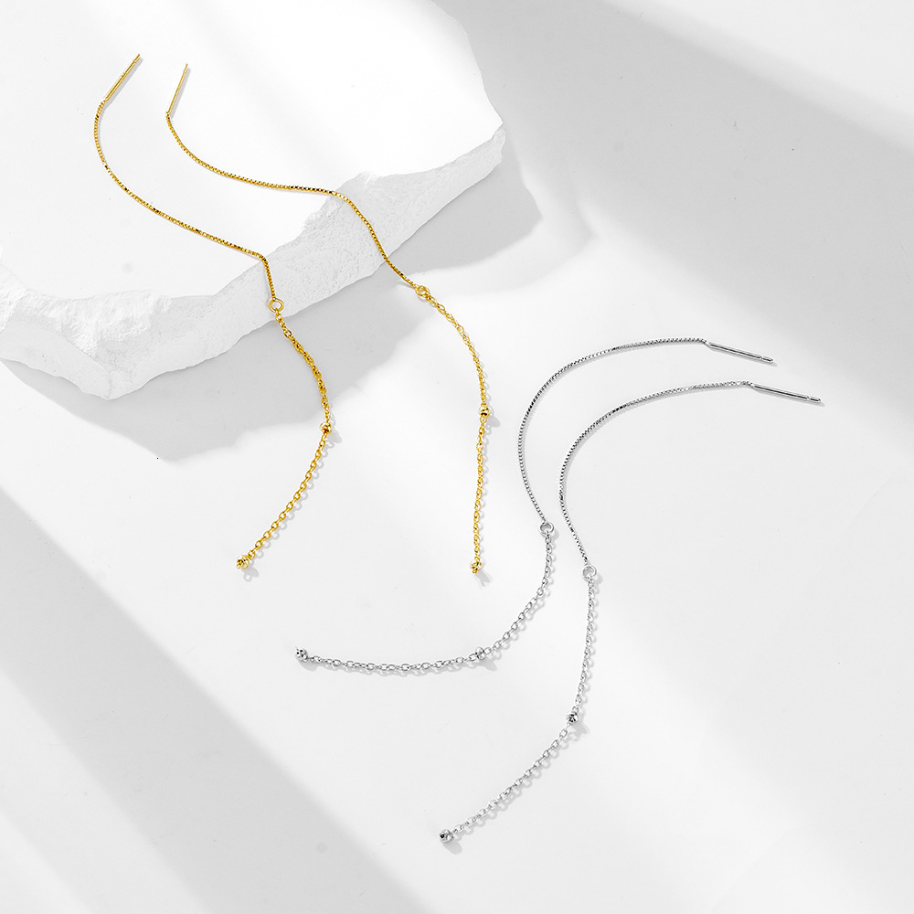 Long Tassel Thread Round Bead Chain S925 Sterling Silver Trendy Personality Temperament Earrings Ear Pendants