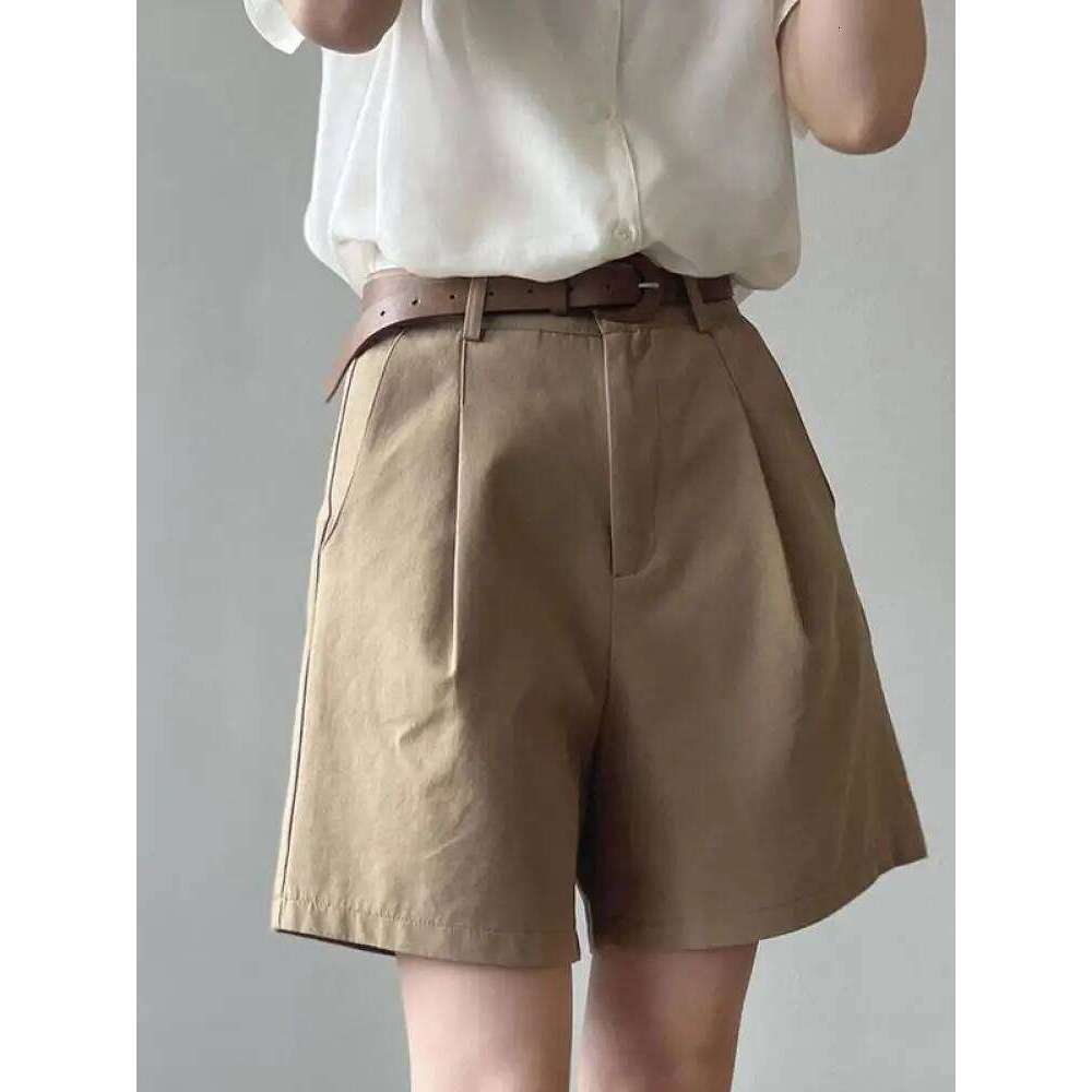 Belt Pure Cotton Women High Waist Wide Leg A Line Suit Shorts Office Lady Solid Loose Casual All Match Short Pants XJ260206
