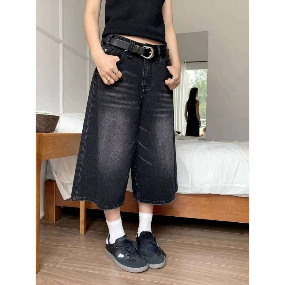 2024 Y2k Retro Women Low Rise Jorts Brushed Black Wash Cropped Baggy Jeans Wide Leg Frayed Denim Short Pants Acubi Fashion XJ260206