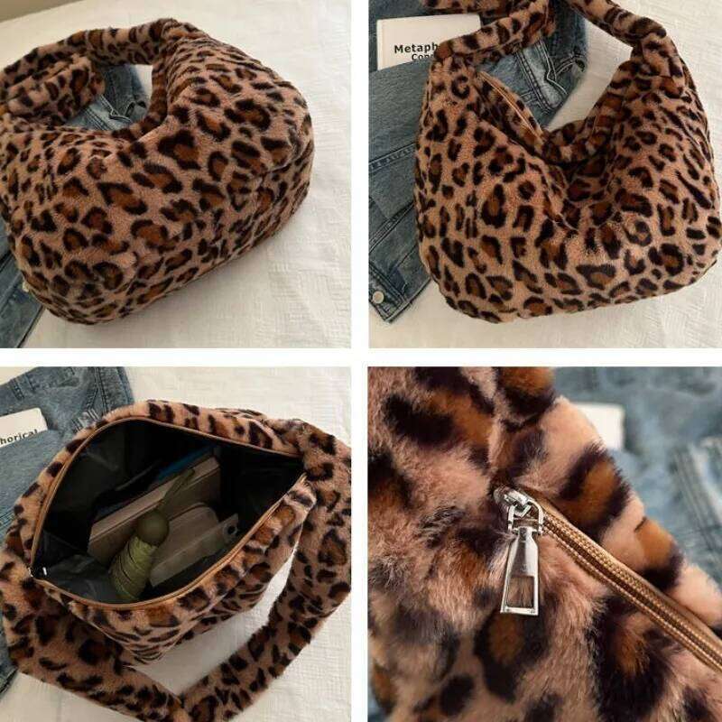 Women's Plush Leopard Love Heart Pattern Underarm Shoulder Bag Autumn Winter Ladies Large Capacity Shopper Tote Handbags XJ260129