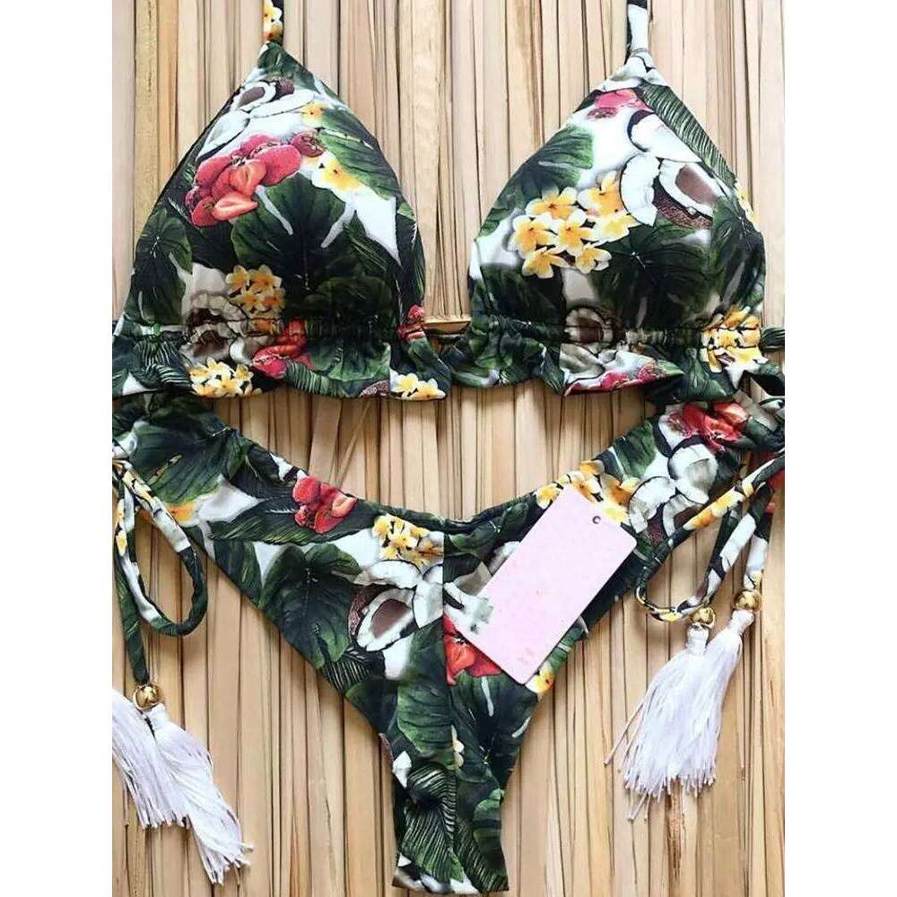 2019 Sexy Halter Women Thong Micro String Padded Swimwear Brazilian Bikini Bandage Tropical Plant Print Swimsuit XJ260206