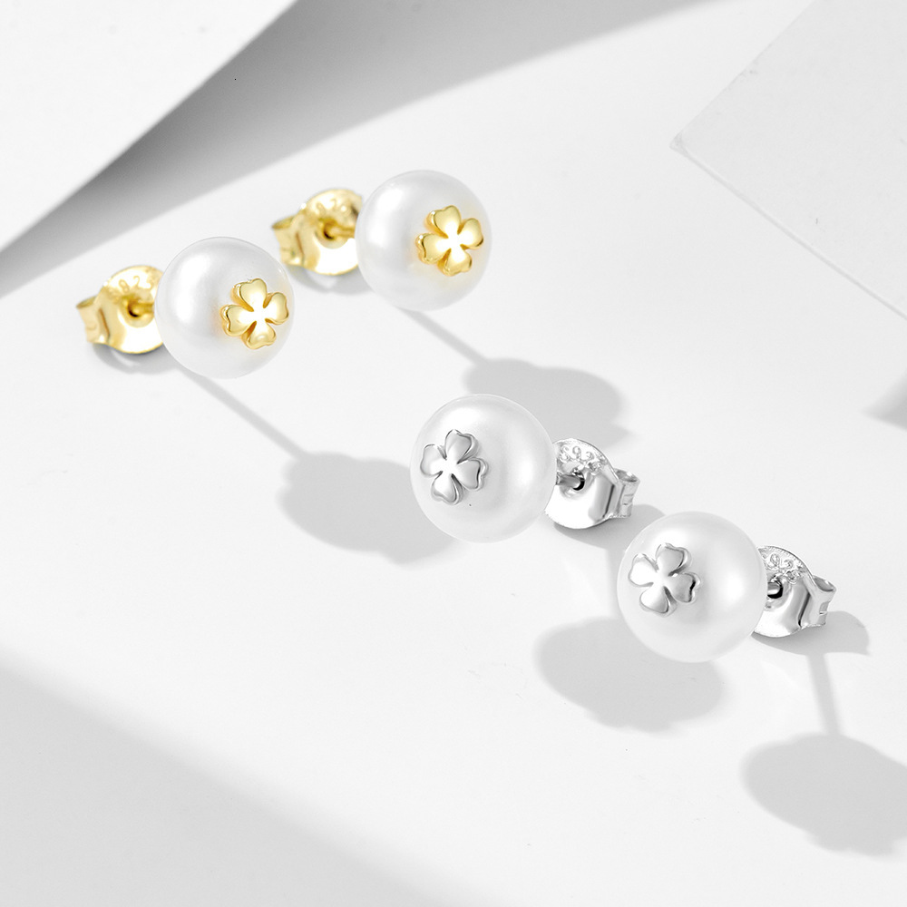 925 Sterling Silver Vintage French Natural Pearl for Women Light Luxury Ins Versatile Four-Leaf Clover Earrings Jewelry