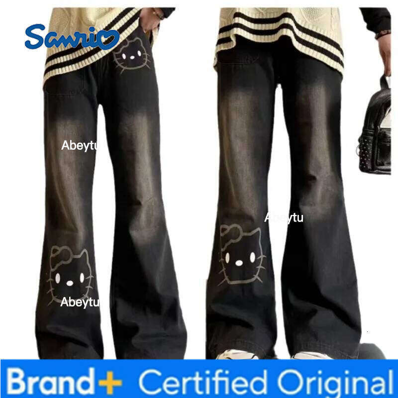 Sanrio Hello Kitty 2025 New Children Jeans Kawaii Girls Autumn High Waist Black Wide Leg Straight Pants Holiday Birthday Gifts H260206