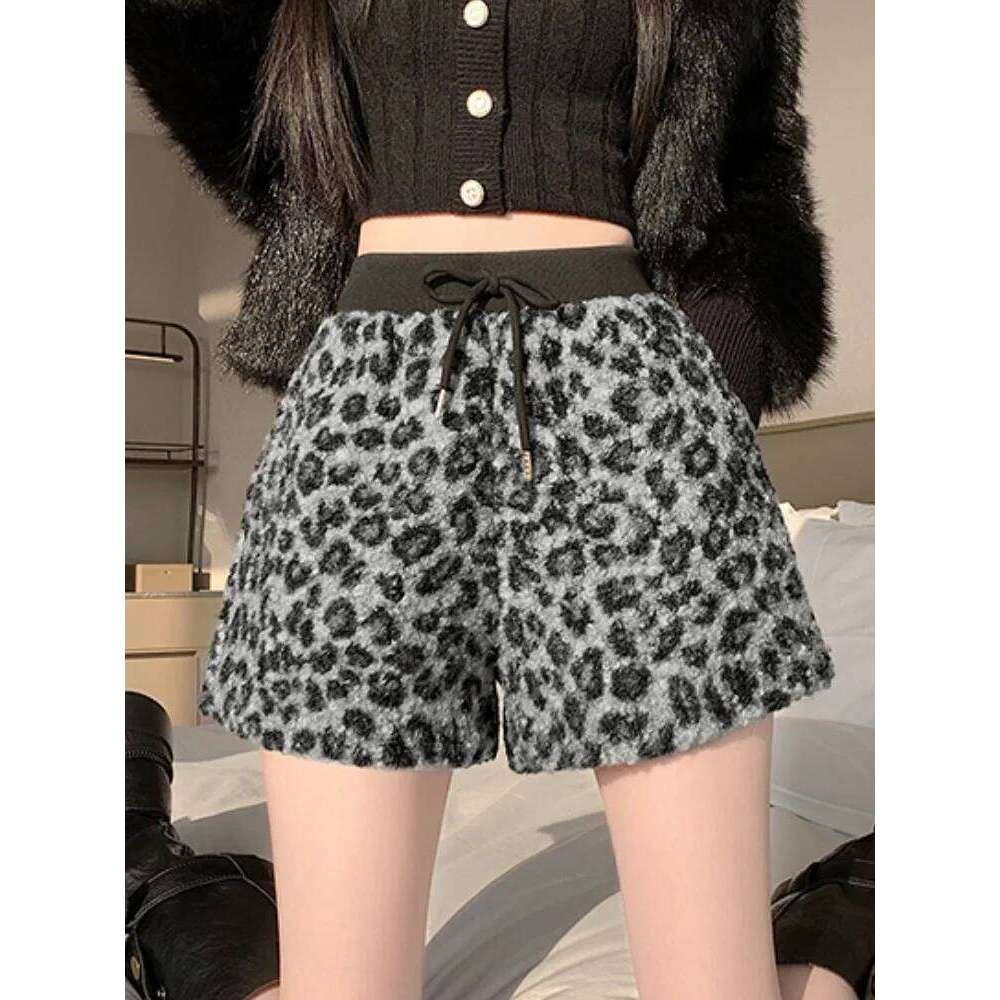 Unique Super Cute Leopard Print Fluffy Casual orts Women Winter Retro American High Waist A-Line Outerwear Boot Pants XJ260206