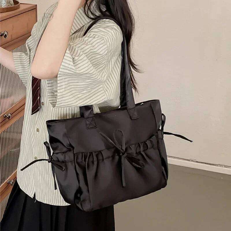 Elegant Bow Womens Shoulder Nylon Pleated Korean Style Fashion Tote Bag Large Capacity Cute Pink Sweet Female Handbag Y260205