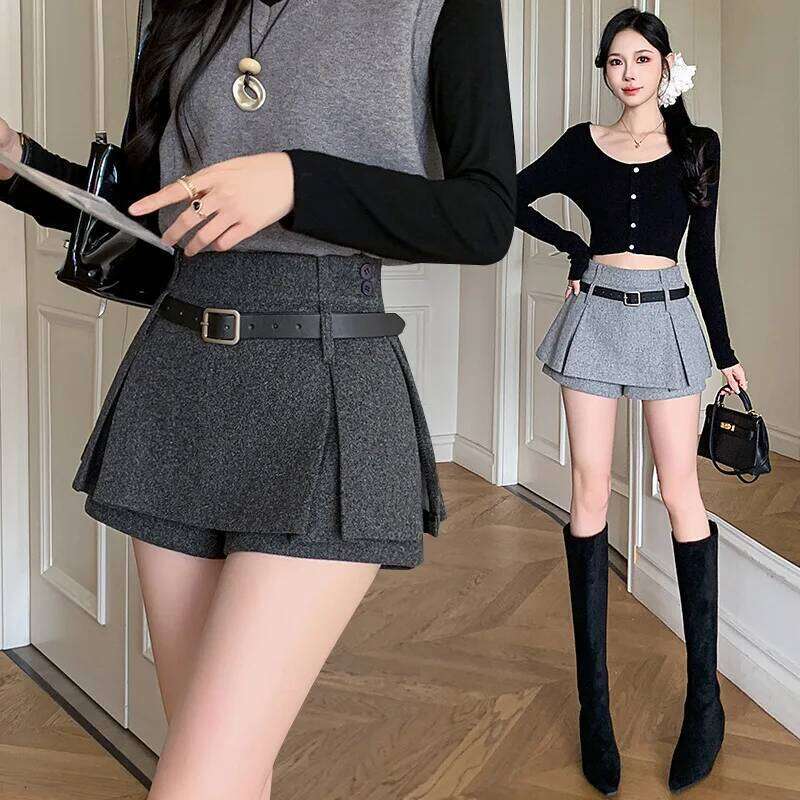 Autumn Winter Women's Woolen Mini Slimming A- Line Short Pleated Pants Skirt Pure Color Commute Style Slight Stretch XJ260206