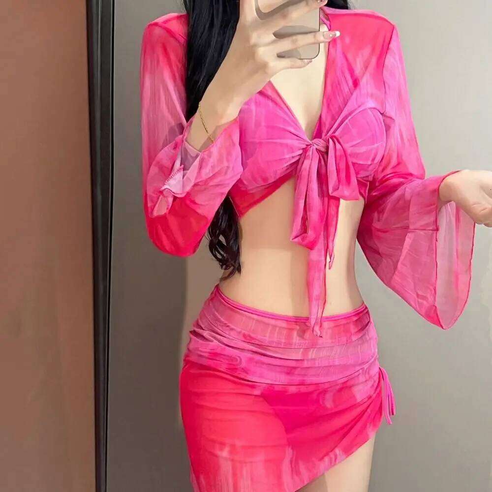 Tie Dye Bikini Mesh Long Sleeve Pleated Skirt Bathing Suit Lace-Up Crop Top 4 Piece Swimwear Set Vacation XJ260206