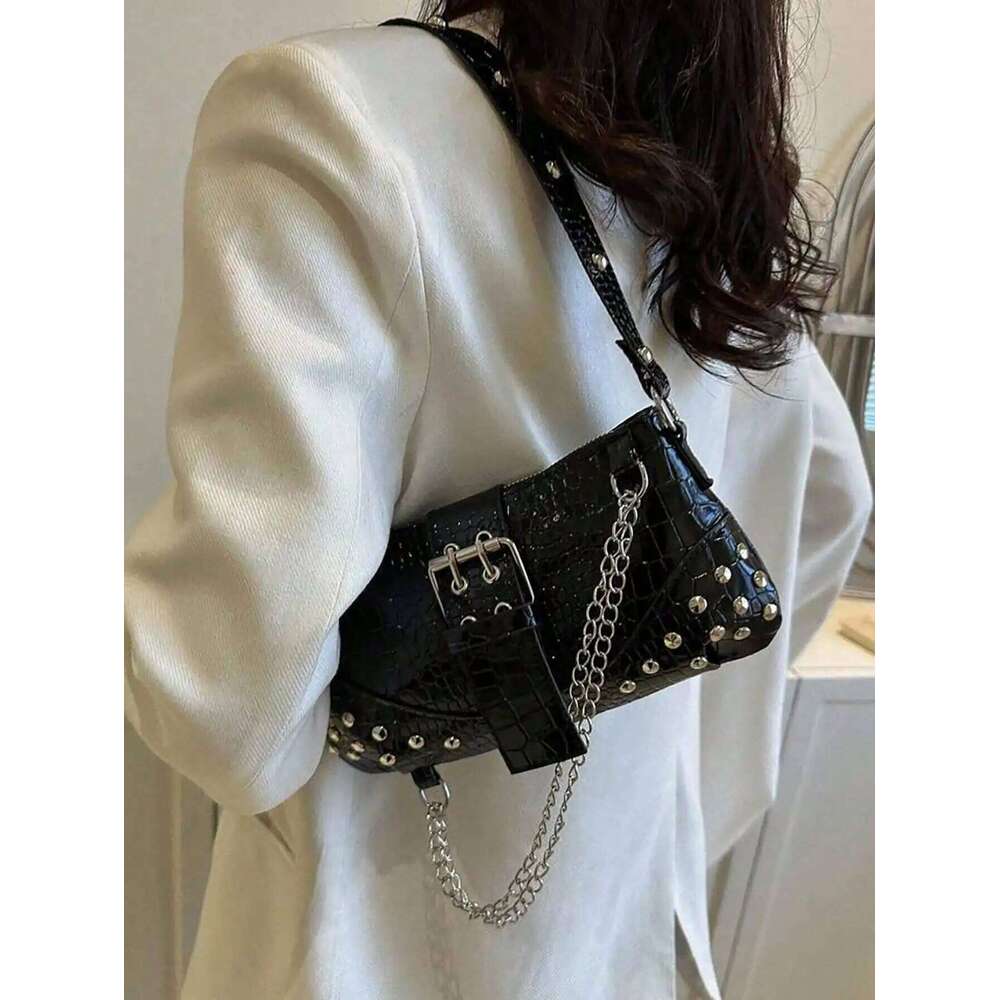 Women's Underarm Bag, European And American Style Vintage Rivet Motorcycle With Pleat Crescent Solid Shoulder Bag For Women Y260205