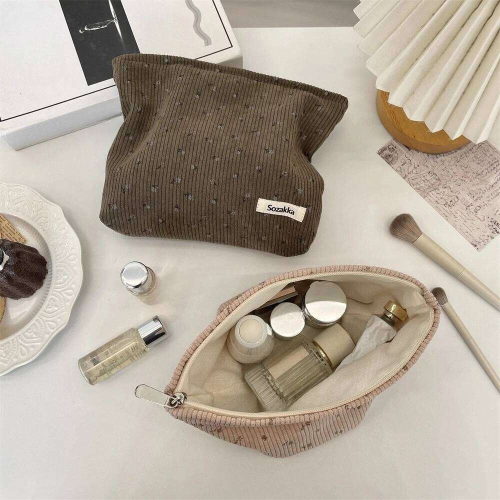 Corduroy Travel Cosmetic Portable Makeup Bag Purses Women Large Capacity Zipper Make Up Organizer Storage Clutch Y260206