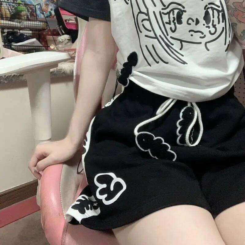 Japanese Patchwork Summer Shorts for Women Harajuku Casual Pantalones Cortos De Cute Bandage Short Mujer Wide Leg Pants XJ260206