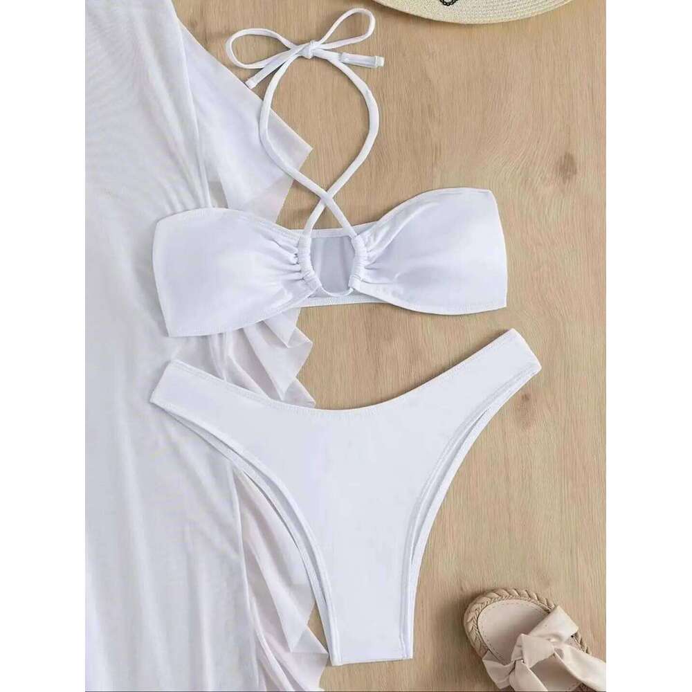 Bikini And Cover Up Set Plain Criss Cross Halter With Ruffle Pants Bandeau Swimsuit Women 2024 Black/White Swimwear Bathing Suit XJ260206