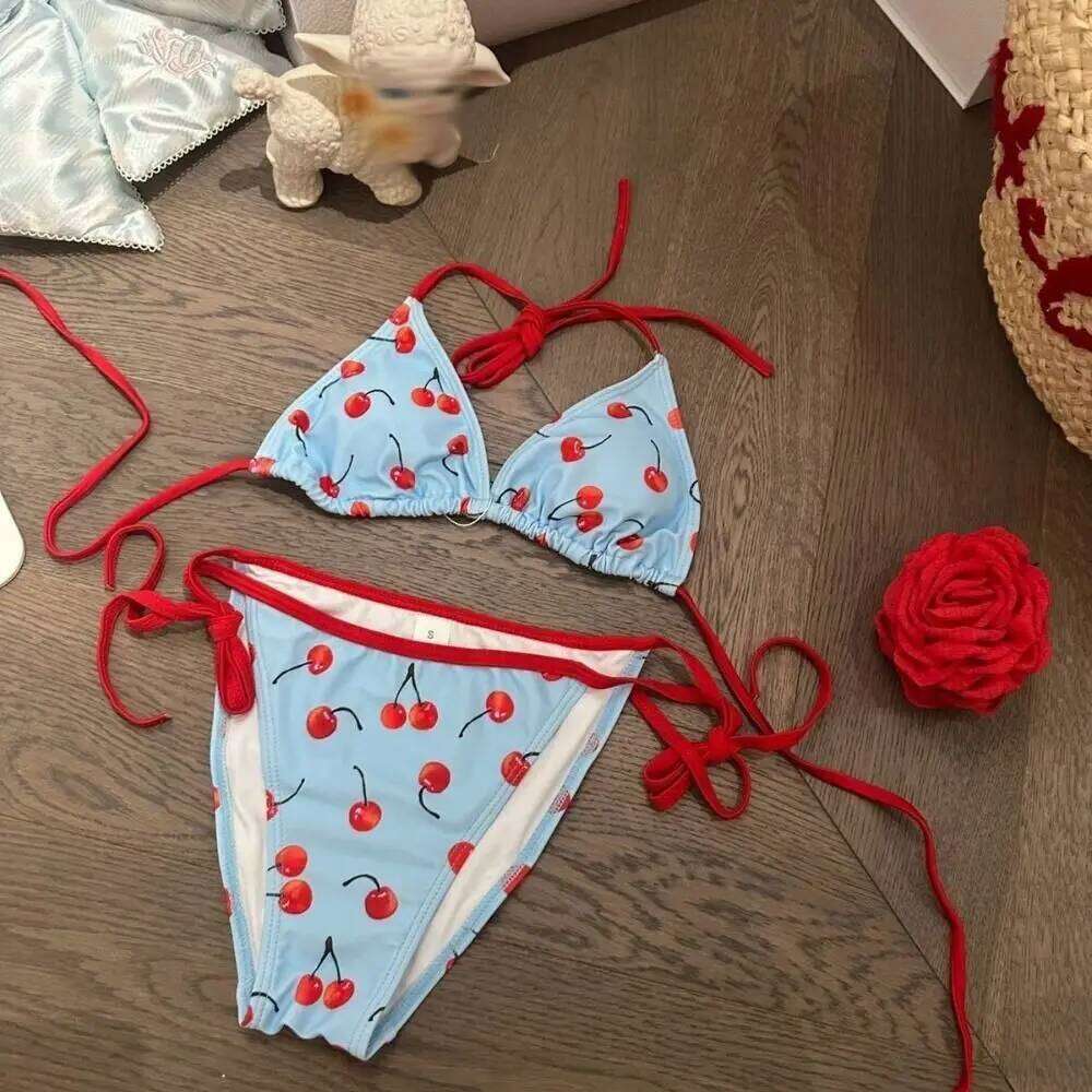 Cover-Ups Pure Color Cherry Bikini V Neck Mesh Lace Up Four Piece Set Wrap Skirt Print Pattern Sexy Swimwear Summer Holiday Z260206