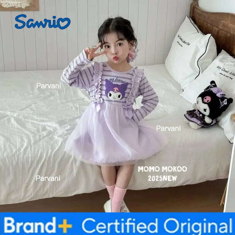 Sanrio HOT Hello Kitty Princess Dress with Striped Thickened Tulle for Girls Party Wear New 3D Cartoon Thermal Japanese Style H260206