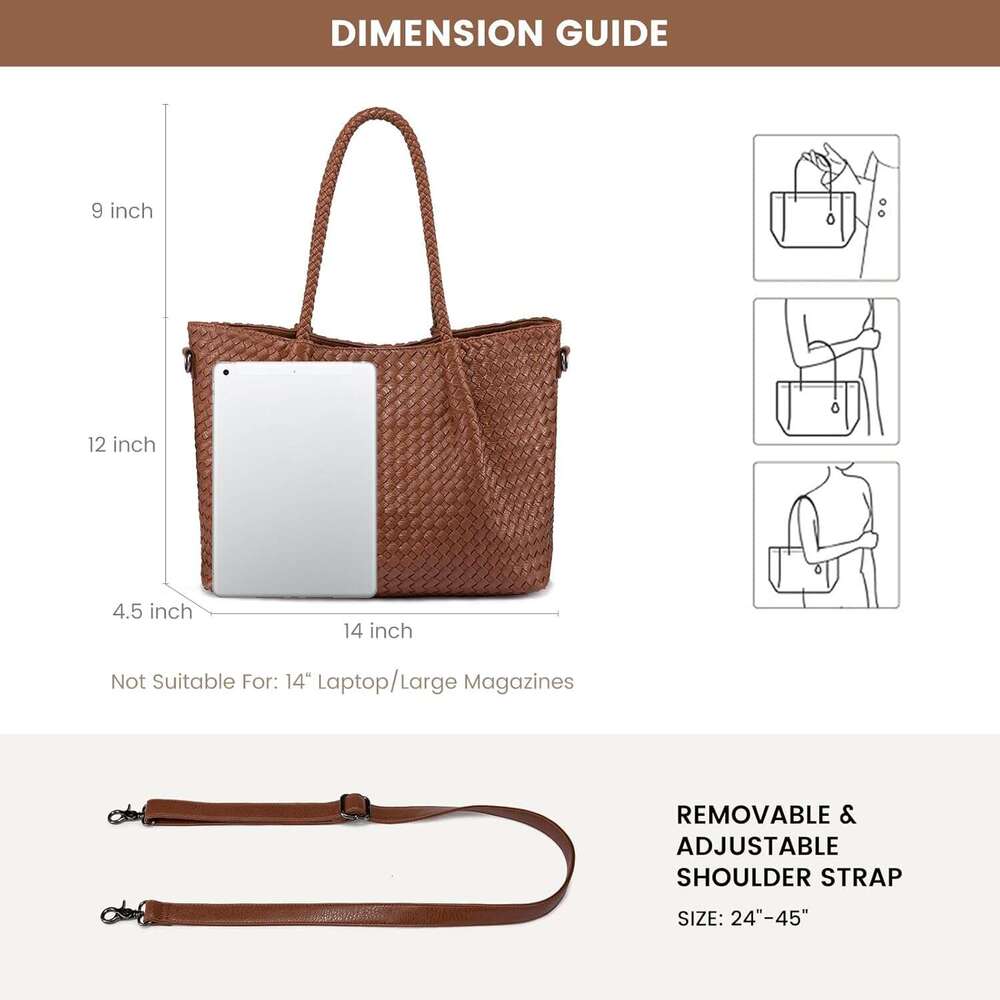 Woven Tote Bag Women Vegan Leather Shoulder Handbag For Travel Work Crossbody Purse
