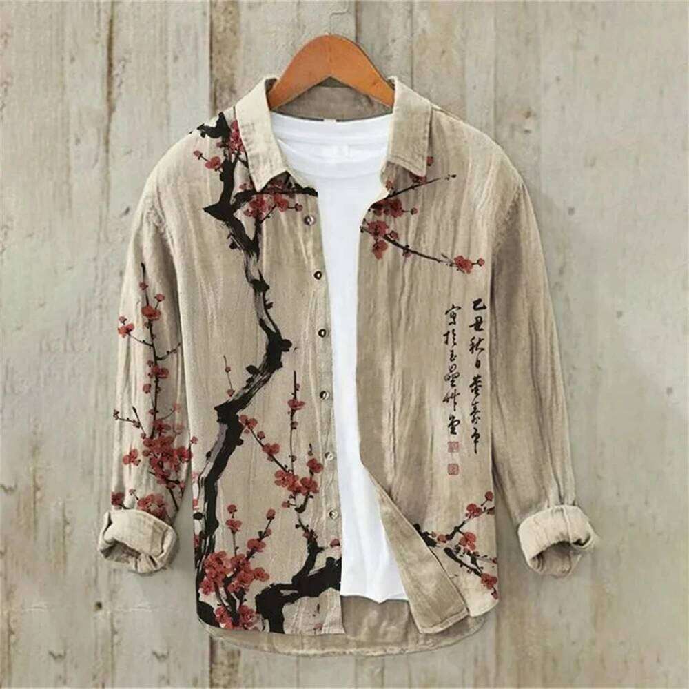 Long Sleeve Linen Shirt Japanese Vintage Plum Blossom Illustration Casual Loose High Quality Men's Clothing