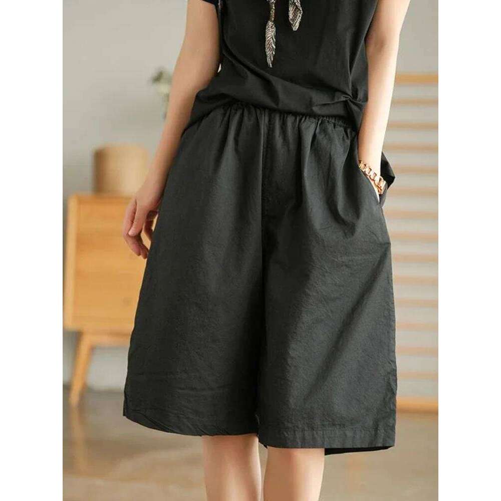 Cotton Casual Retro Elastic Waist Loose Straight White Fashion Simple Versatile Women's Shorts for Summer XJ260206