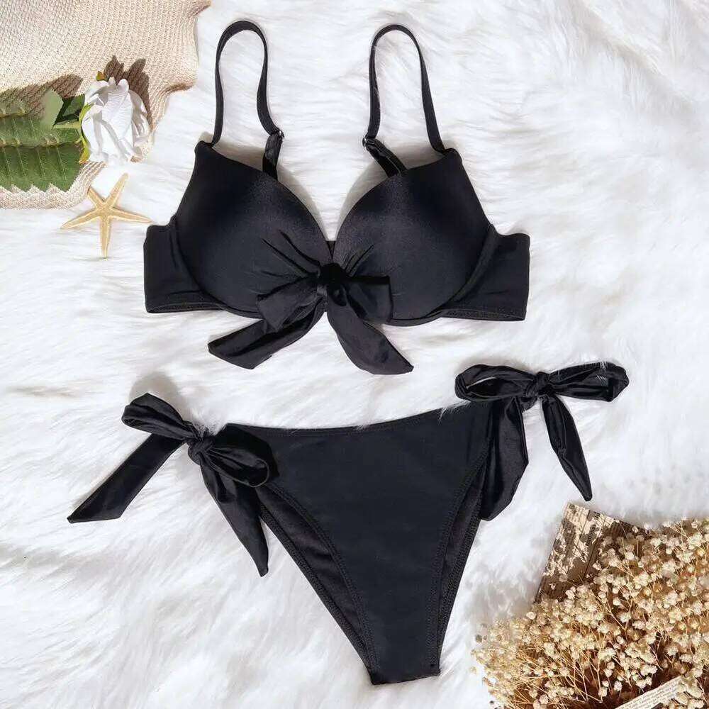 Women Summer Bikini Padded Sling Bowknot Lace-up Bra High Waist Swim Briefs Set Solid Color Beach Swimsuit Female Swimwear Z260206