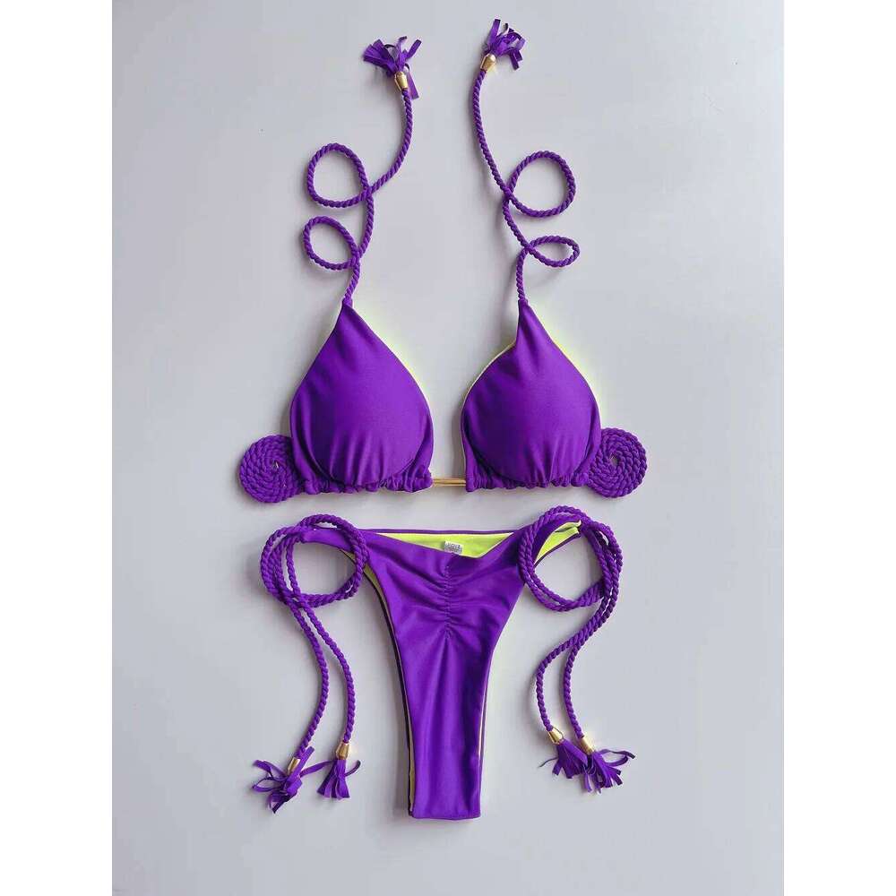 Sexy Solid color Two-piece Triangle Swimwear Women's Swimsuit Braiding rope Bikinis Set Beach Bathing Suit Brazilian Biquinis Z260206