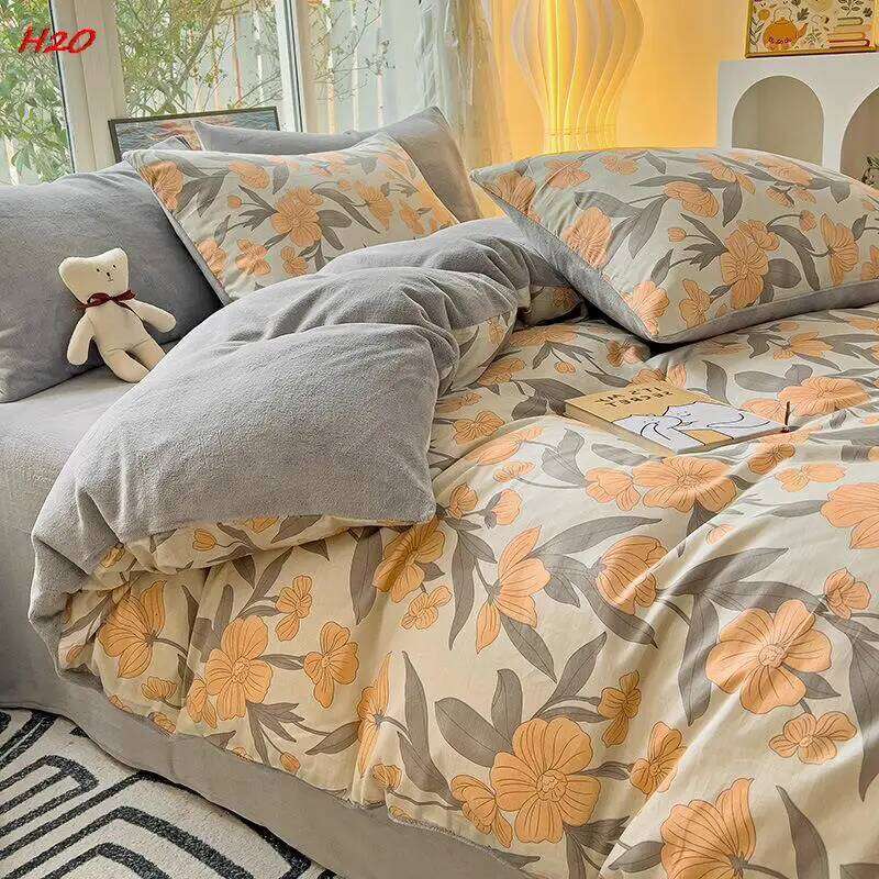Four Piece Bed Sheet A All B Side Milk Velvet Home Textile Winter Warmth Keeping Cotton Plush Adding Set Bedding XJ260206