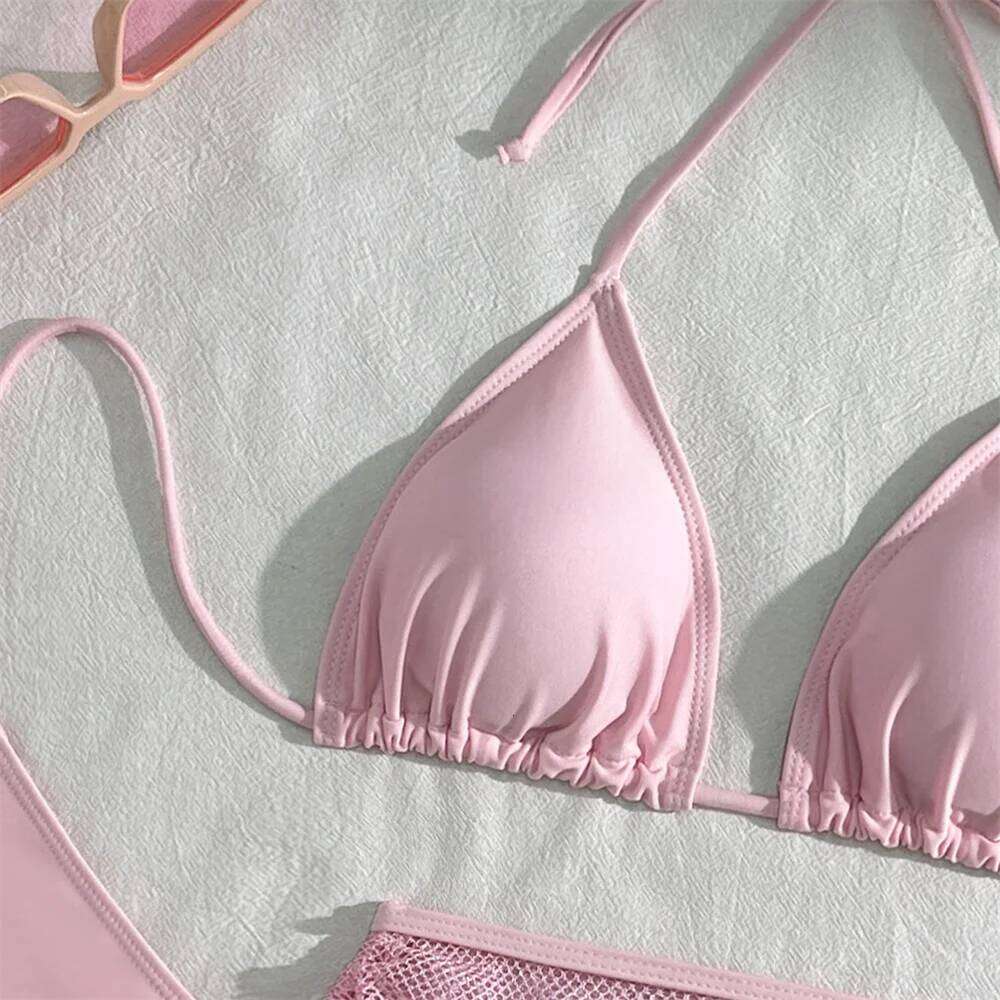 Sexy Pink Bikini Extrem String Backless Swimwear Mesh Skirt Women Push Up Swimsuit Black Y2K Thong Bikinis Beach Vacation Outfit Z260206