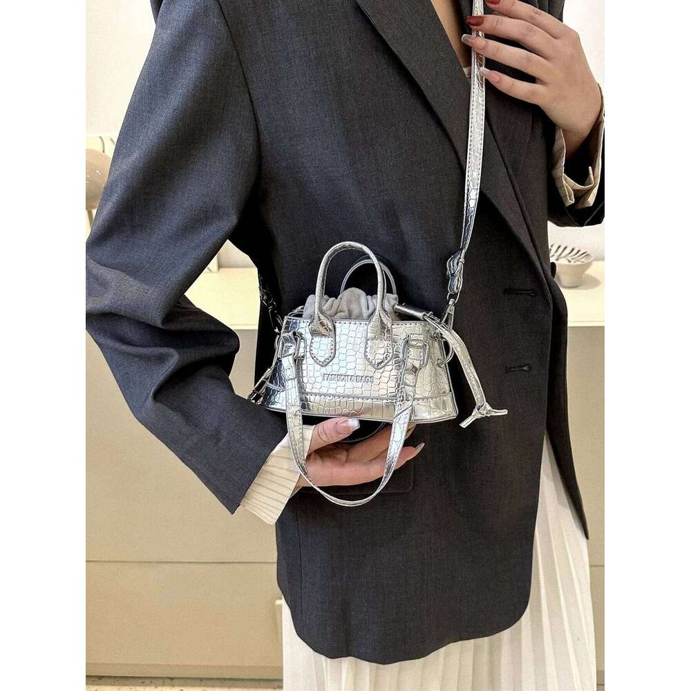 Lightweight Business Casual Mini Metallic Crocodile Embossed Bucket Drawstring Design Novelty Bag For Teen Girls Women Y260205