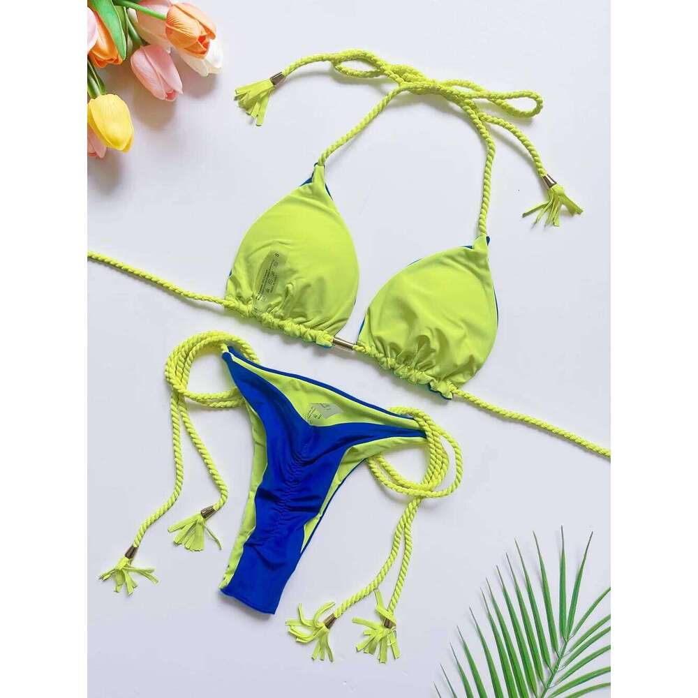 2025 Sexy Solid color Two-piece Triangle Swimwear Women Swimsuit Braiding rope Bikinis Set Beach Bathing Suit Brazilian Biquinis Z260206