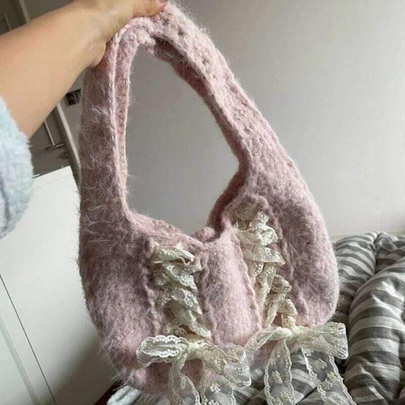 Kawaii Girls Fluffy Women's Handbags Sweet Y2k Aesthetic Bandage Bow Shoulder Bags Japanese All Match Casual Trendy Underarm Bag Y260205