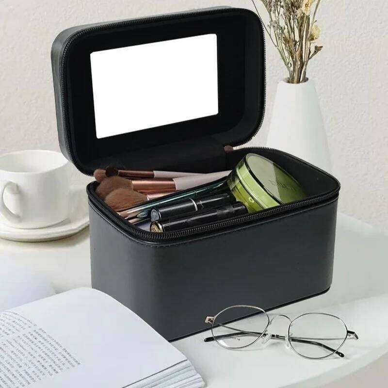 Large capacity Ins style bag, portable travel handheld case, simple with mirror makeup storage bag Y260206