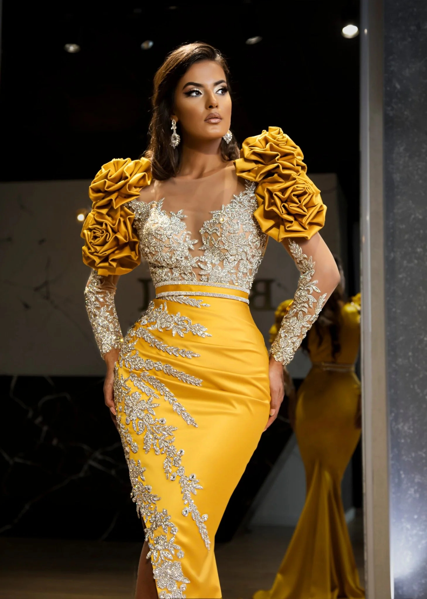 Gorgeous Evening Dresses Mermaid O-Neck Crystals Long Sleeve Prom Gowns Party Dresses Custom Made Vestidos de noche