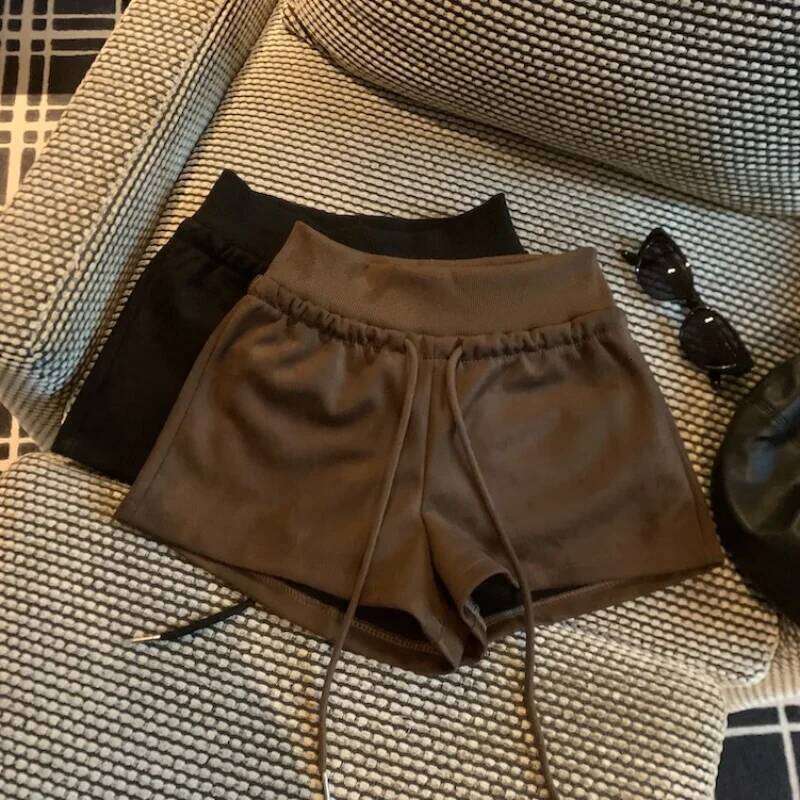 Deerskin High-waisted Casual Shorts for Women New Elastic Waist Slimming Outer Wear A-line XJ260206