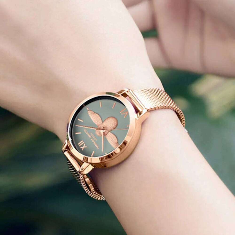 Hannah Martin Women Quartz Watch Fashion Stainless Steel Mesh Belt 3D Stereoscopic Bee Green Rose Gold Japanese Movement Watches Z260206