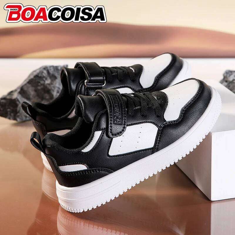 Black Kids Shoes Sports Running Casual Walking Student Fashion Leather Children's Boys Girls Sneakers Breathable Soft Outdoor 26Y0206