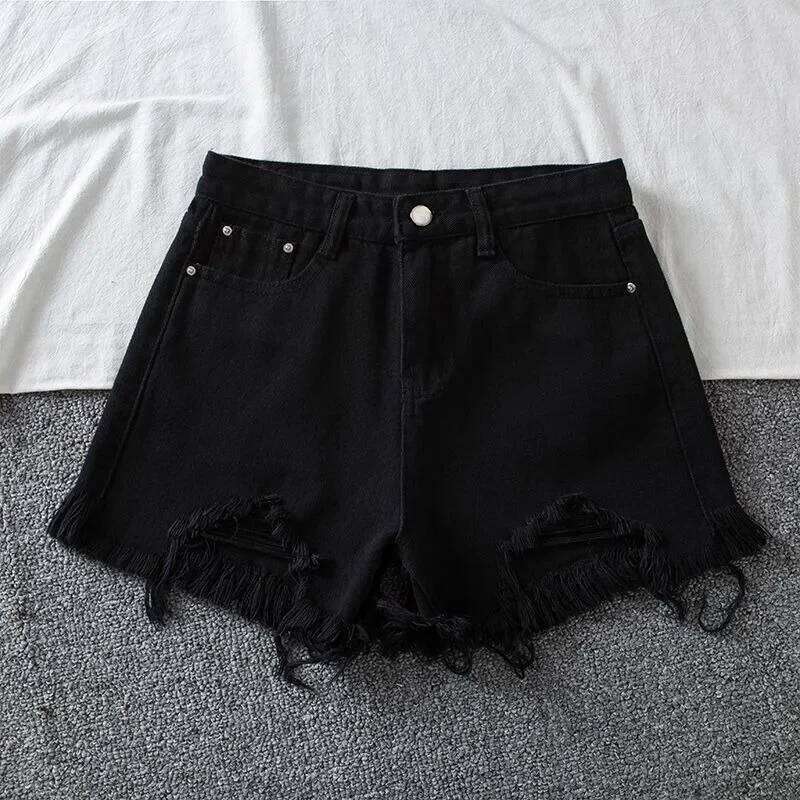 Denim Shorts Women High Waist Slender Korean Fashion Summer Frayed Buttons Zipper Tassel Loose Solid All-match Streetwear Chic XJ260206