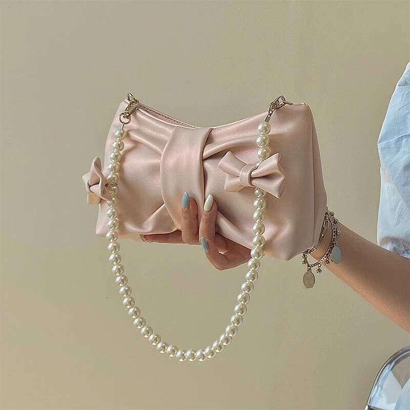 Girly Pearl Bow Cute Underarm Fairy Women's Small Pink Shoulder Bag Soft PU Leather Female Pearlescent Clutch Purse Handbags Y260205