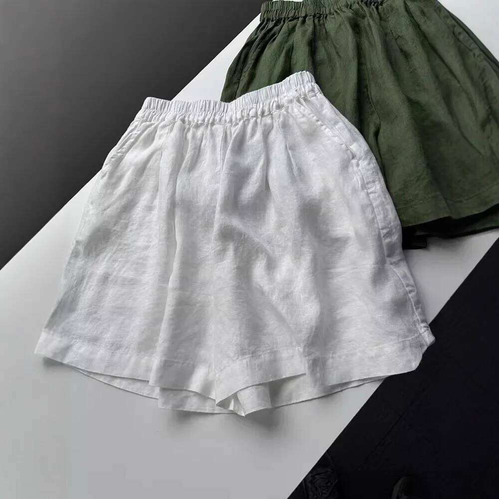 White Cotton Linen Women's Casual Wide Leg A- Line Summer Fashionable Versatile Low Waist Comfortable Breathable Shorts XJ260206