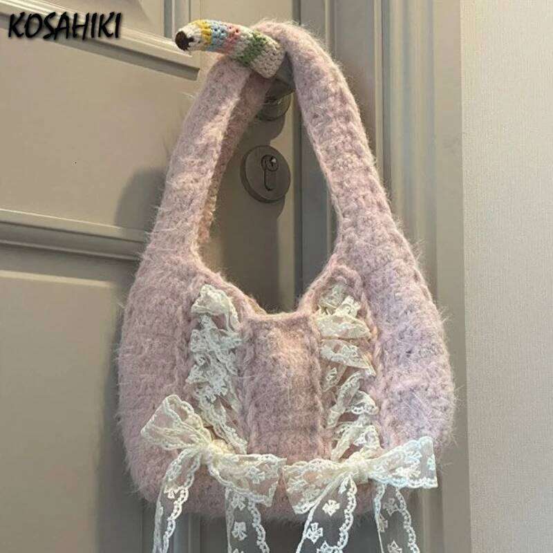 Kawaii Girls Fluffy Women's Handbags Sweet Y2k Aesthetic Bandage Bow Shoulder Bags Japanese All Match Casual Trendy Underarm Bag Y260205