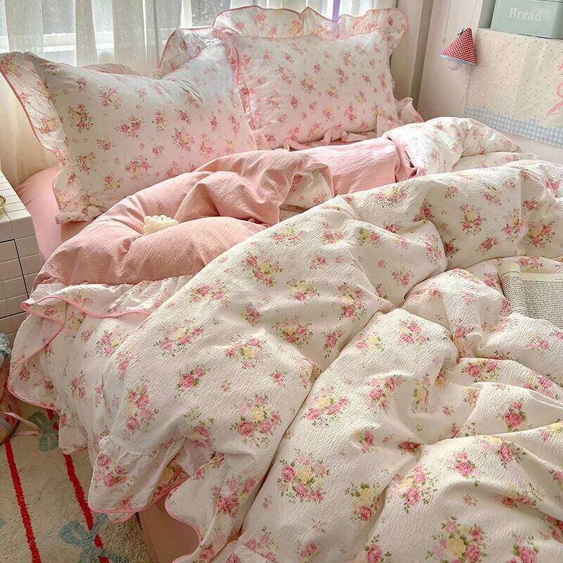 Ruffles Bedding Floral Style Duvet Cover Pillowcase with Bedsheet Skin-friendly Bed Linen Set Girls Room Bedclothes XJ260206