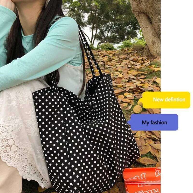 Casual Shoulder Large Capacity Canvas Shopping Bag Dot High Quality Eco Reusable Handbag for Women Totes Bags Daily Pouch Y260205