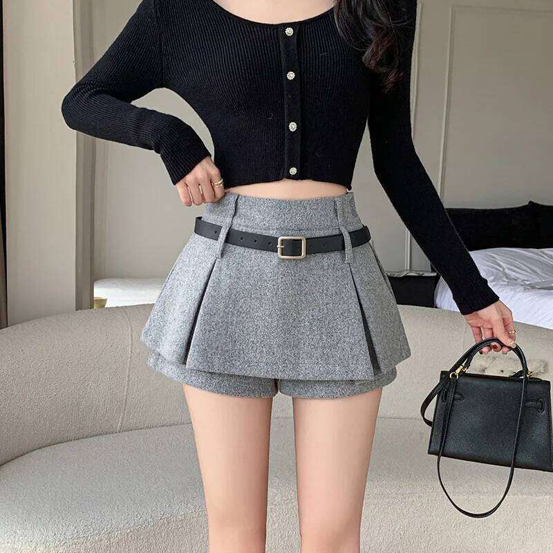 Autumn Winter Women's Woolen Mini Slimming A- Line Short Pleated Pants Skirt Pure Color Commute Style Slight Stretch XJ260206