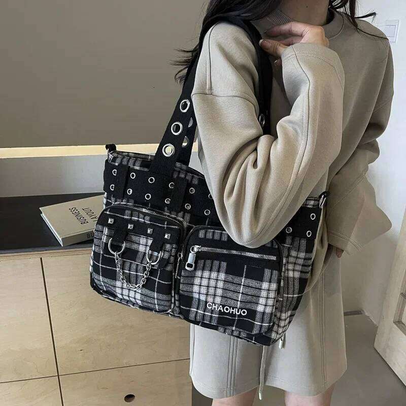 Canvas Plaid Fashion Shoulder Zipper CHAINS 2025 Hot Sale for Women Multiple Pockets Versatile Crossbody Bags Y260205