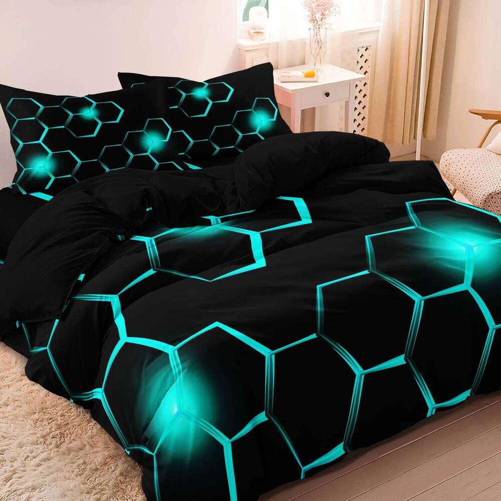3pcs Geometric 3D Hexagonal Honeycomb Pattern DuvetCover Set,Digital Print Colorful Polyester Bedding with Zipper Closure XJ260206