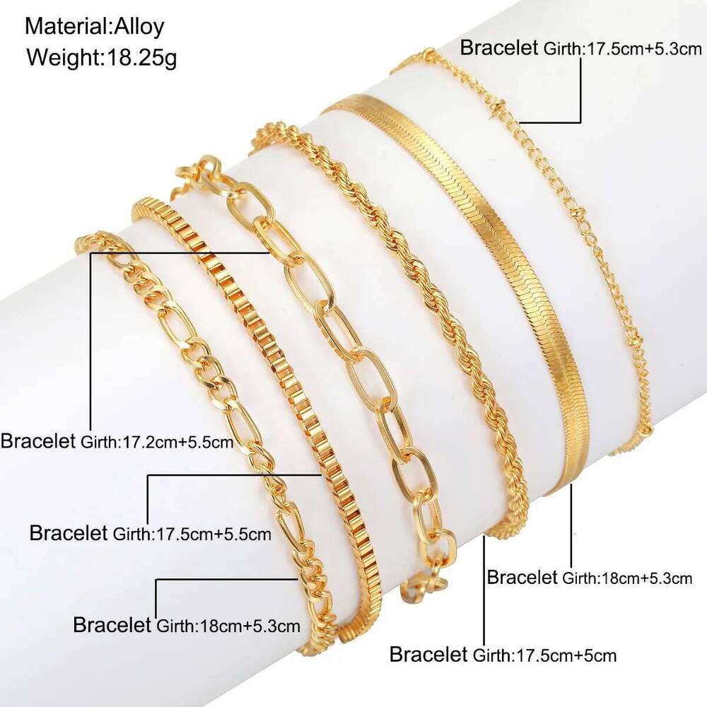 European and American Bohemian Minimalist Handmade Metal Women's Set with 6 Multi Layer Chain Simple Bracelet 26H0206