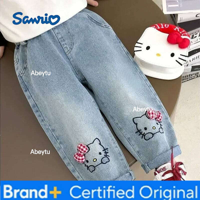 Sanrio Spring Autumn Baby Girls Denim Pants Cartoon Hello Kitty Loose Straight Casual Jeans For 2-6 Years Kids Children Soft Trousers H260206